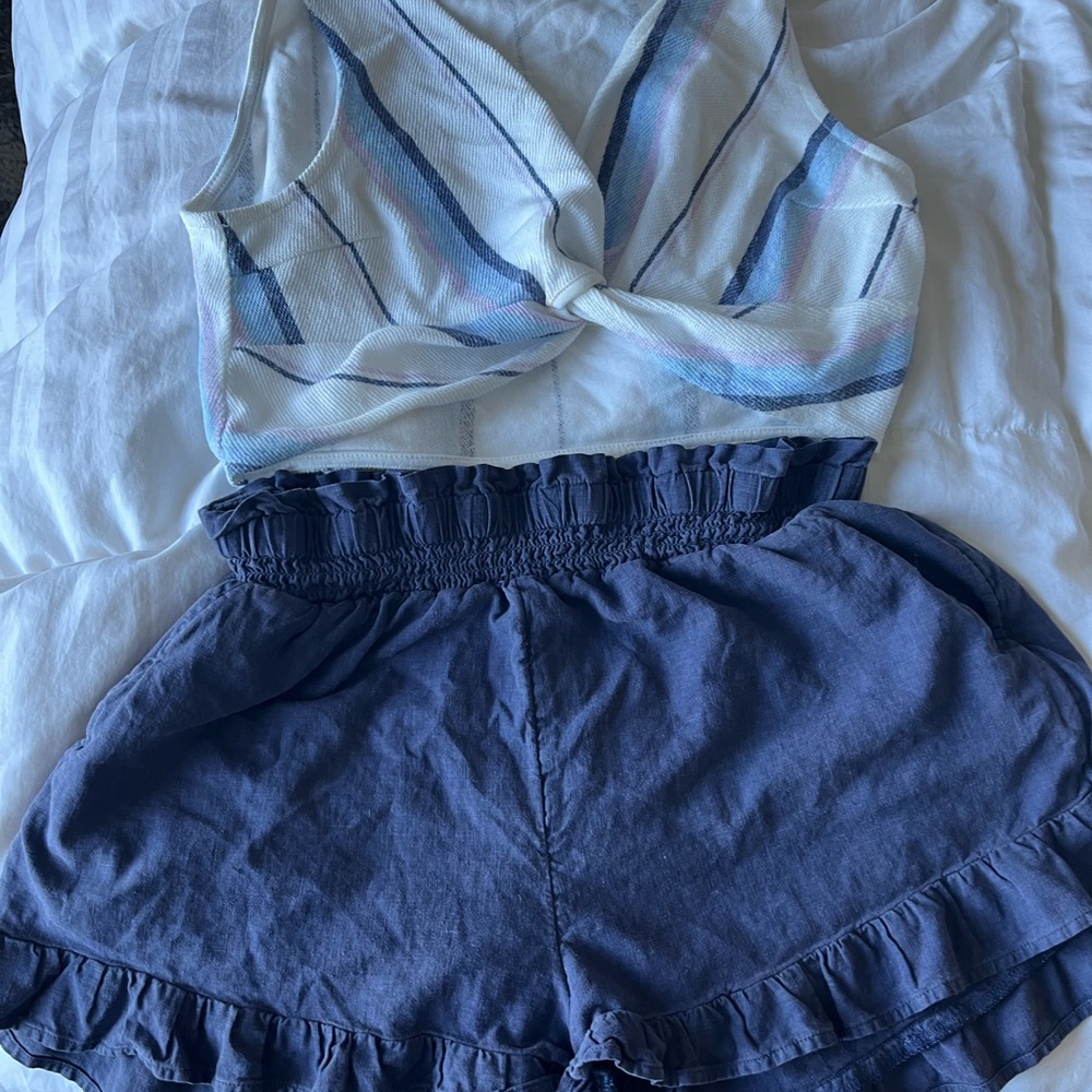 Striped Sleeveless Top and Blue Ruffle Shorts Set